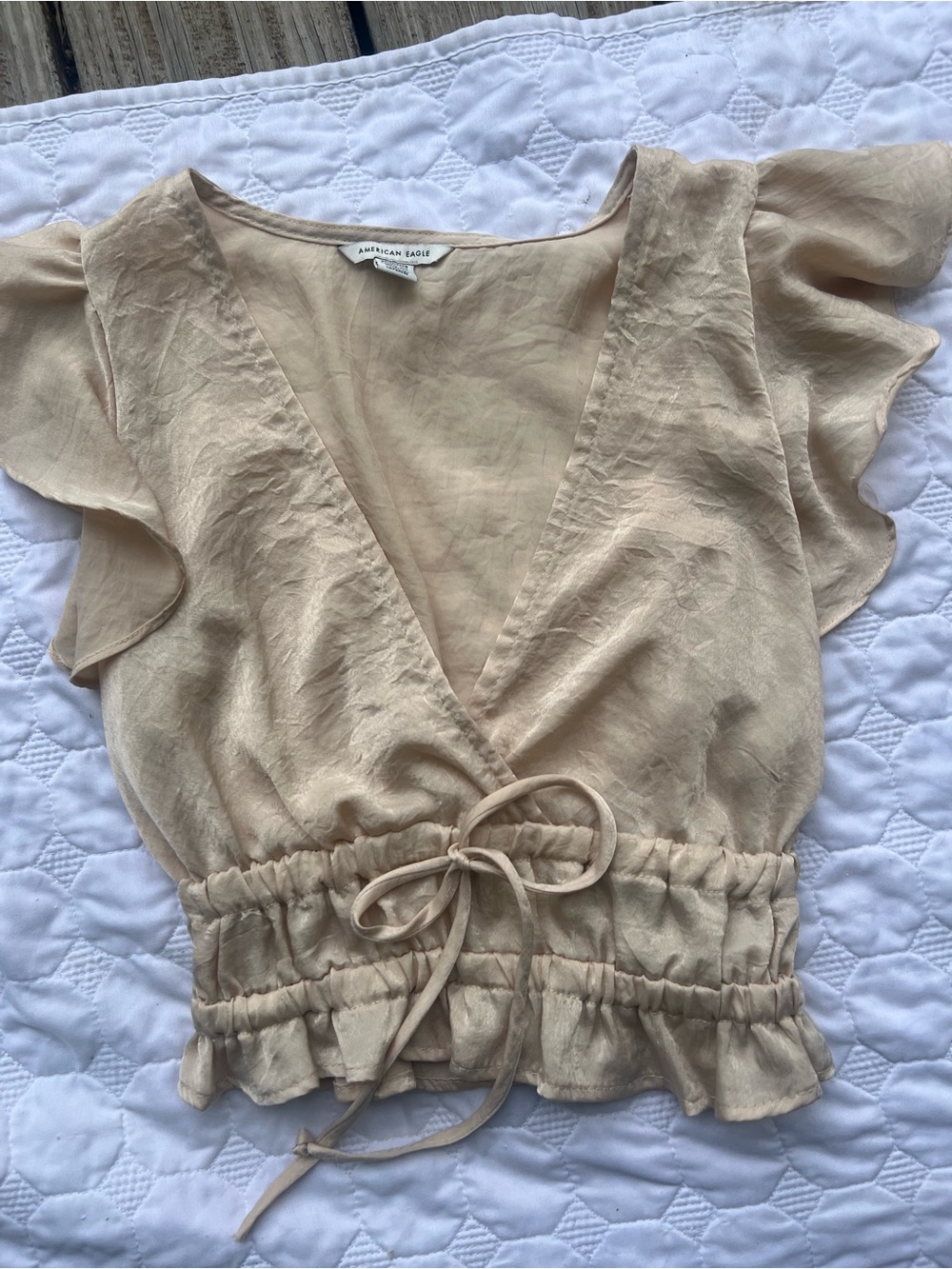 American Eagle satin-like wrap crop top flutter sleeve -  champagne color - XS